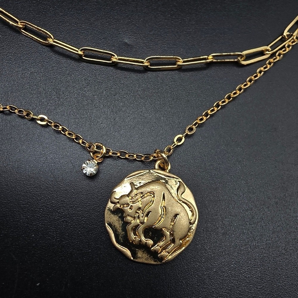 Taurus Bull Zodiac Charm Layered Chain Necklace Gold Tone Paper Clip Astrology